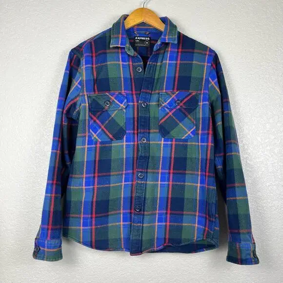 Express Shacket Mens Medium Blue Plaid Flannel Button Up 90s Grunge Preppy - Picture 1 of 5